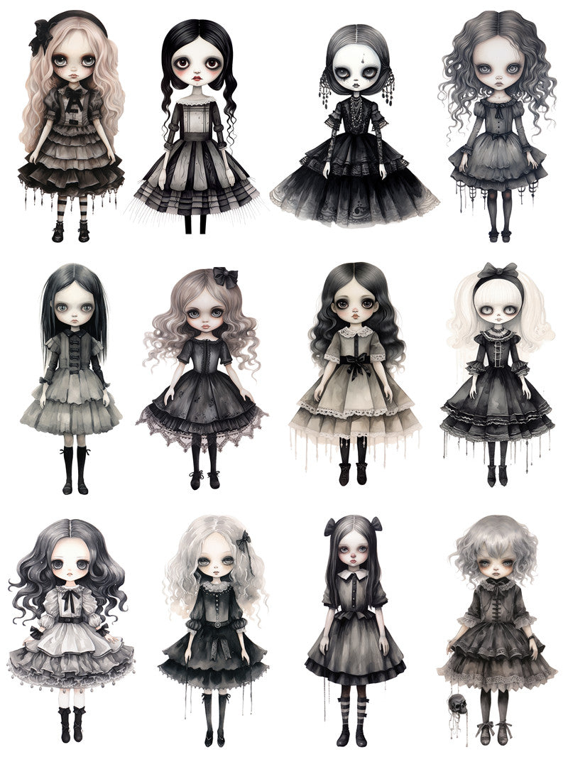 12PCS Gothic black dress doll sticker