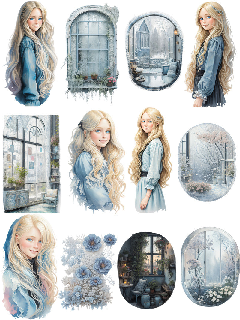 12PCS Winter Windowsill comic girl sticker