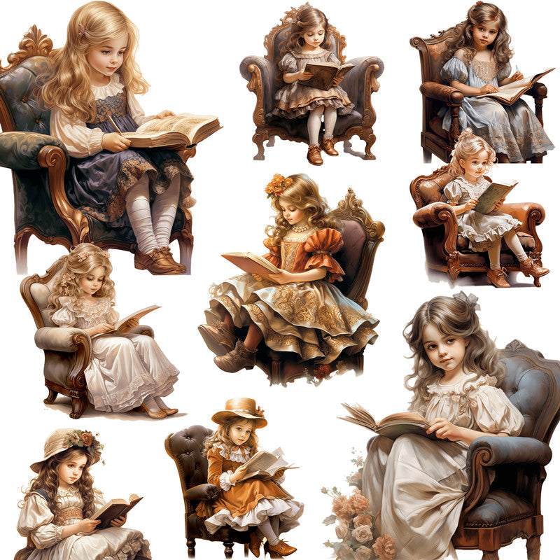 12PCS Little girl of reading book sticker