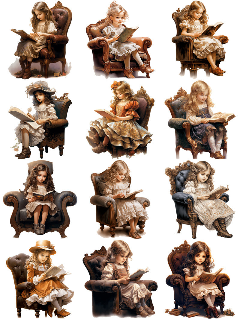 12PCS Little girl of reading book sticker