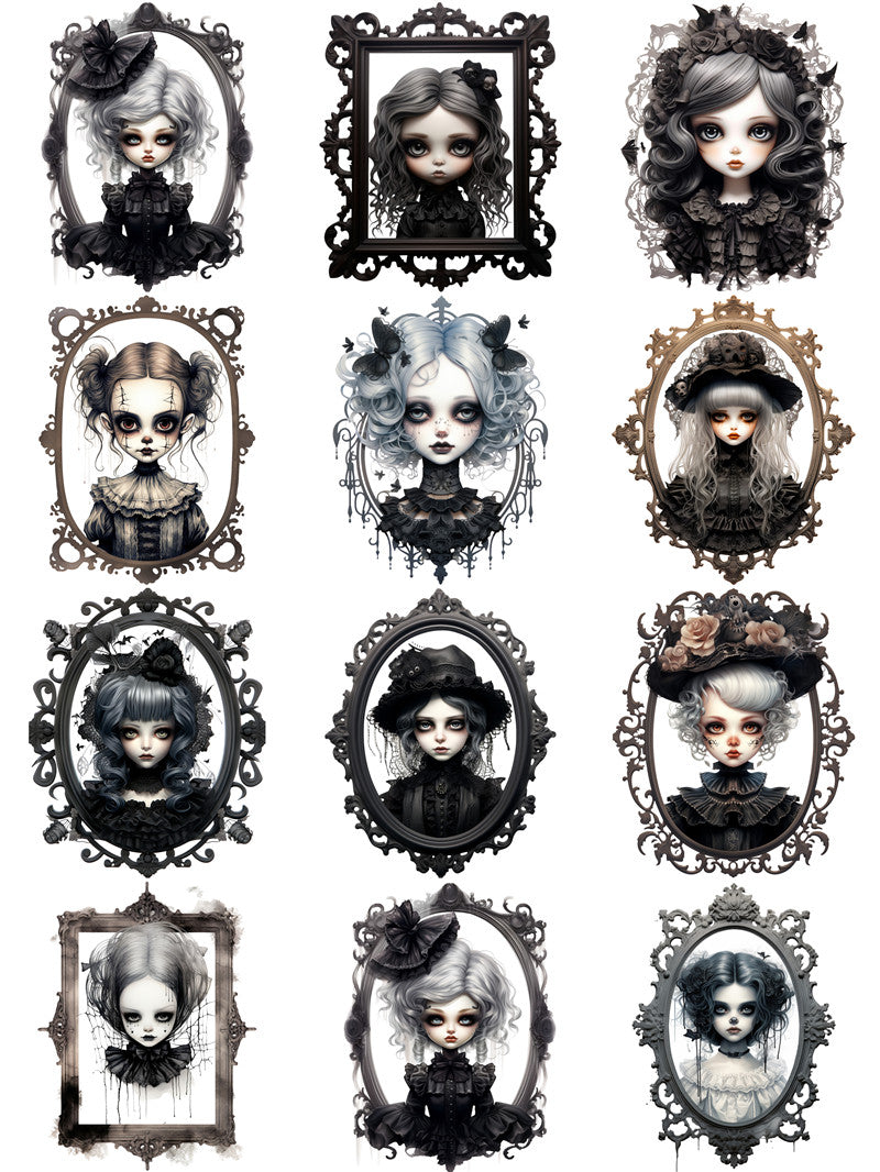 12PCS Gothic black dress doll sticker